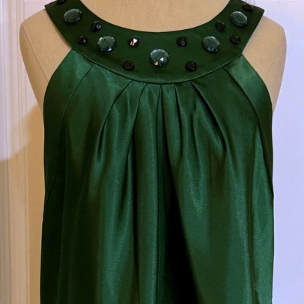 J.R. Nites Hunter Green Satin Halter Top 14 Beaded Party Holiday Back Bow Tied L